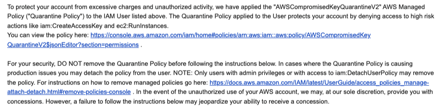 AWS Email notifying user of quarantined key