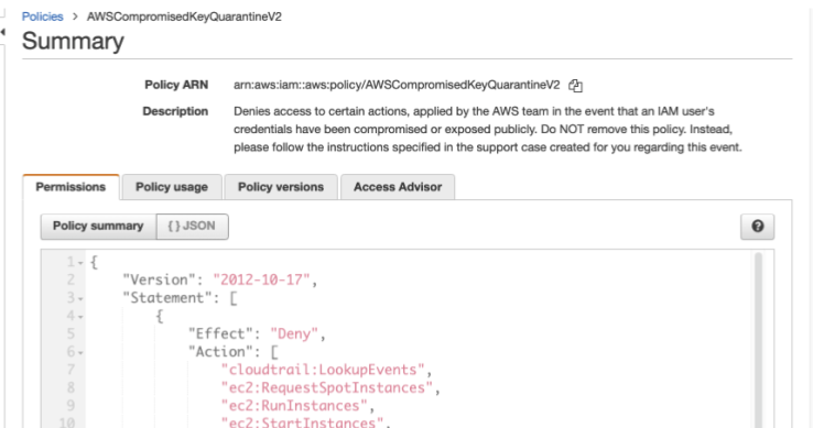 Screenshot of the AWSCompromisedKeyQuarantineV2 Policy
