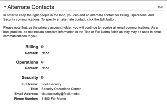 Screenshot of Security Contacts from the AWS Console