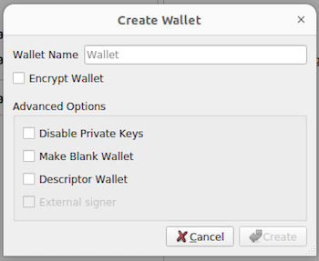 Create Wallet Dialog Box